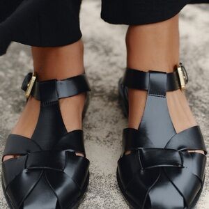 Zara Black Leather Loafers with Gold Accent